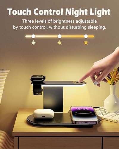 4-in-1 Wireless Charging Station with Adjustable LED Night Light – Fast Charging Dock for i Phone 12-16, Apple Watch Series 1-8/Ultra & Air Pods – Enhanced Safety Features, Seamless Magnetic Alignment, and Premium Metal Design for Home or Office Use