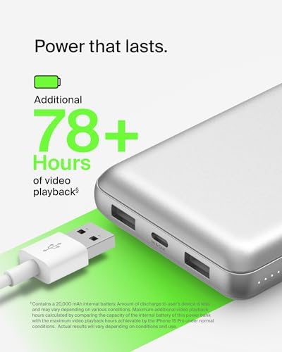 Belkin 20000 m Ah USB-C Power Bank – Dual USB-A Ports, Fast 15 W Charging for i Phone 16/15 Plus, Samsung Galaxy S25, Pixel, i Pad, Nintendo Switch 2 – Travel-Friendly Design in Pearl Blue for Enhanced Device Compatibility and On-the-Go Power