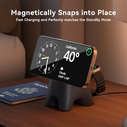Advanced Wireless Charging Station: 15 W Fast Mag-Safe Charger for i Phone 16/15/14/13/12 Series & 5 W Magnetic Stand for Apple Watch Ultra/SE/Air Pods – Compact 2-in-1 Travel Solution in Sleek Black for Ultimate Device Compatibility and Efficiency