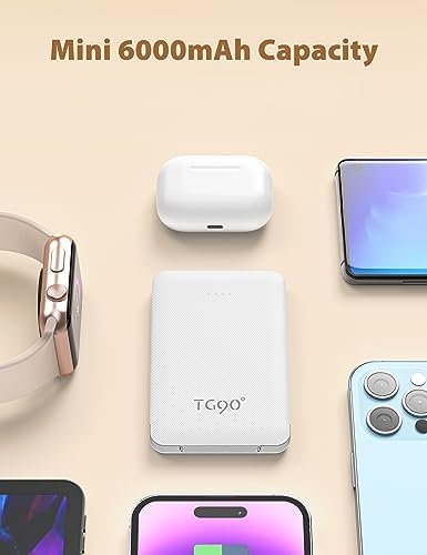 TG90° 6000 m Ah Mini Power Bank with Built-in Cables – Ultimate Portable Charger for Travel and Everyday Use, Fast Charging Compatibility for USB-C and Lightning Devices, Compact Design for On-the-Go Connectivity, LED Battery Indicator