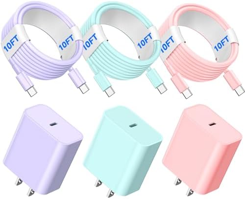 Premium 3-Pack 10 FT USB-C to USB-C Charging Cables – 60 W Fast Charge for i Phone 16 & 15, Samsung Galaxy S24/S23, i Pad Pro – Durable & Stylish in Purple, Pink, and Blue – Ultimate Compatibility for Multi-Device Charging Solutions