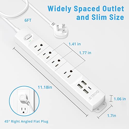 Ultra-Slim TROND Surge Protector Power Strip with 3 USB Ports & Type C – 4 AC Outlets for Maximum Device Protection & Charging Speed – 1440 J Surge Defense, ETL Listed, Space-Saving Wall Mount Design for Home Office & Dorm Use – Versatile Power Management Solution in Elegant Black