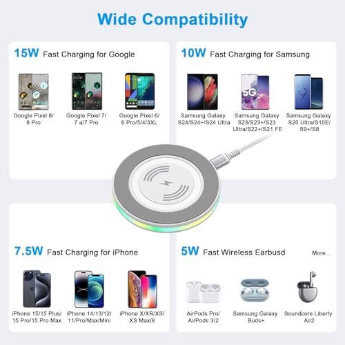 High-Speed 15 W Samsung Wireless Charging Pad for Galaxy S25 Ultra, S24 Ultra, S23 FE, S22, S21, S20 FE, Plus i Phone 16, 15, 14 Pro Max & Google Pixel 9 Pro XL – Ultimate Fast Charging Station with Enhanced Device Compatibility and Safety Features