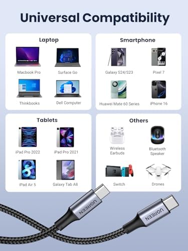 UGREEN 100 W USB C Fast Charging Cable – 10 FT High-Speed Durable Charger for i Phone 16, Mac Book Pro, and Samsung Galaxy S24/S23/S22 Ultra – Enhanced Compatibility for Efficient Power Delivery and Data Transfer