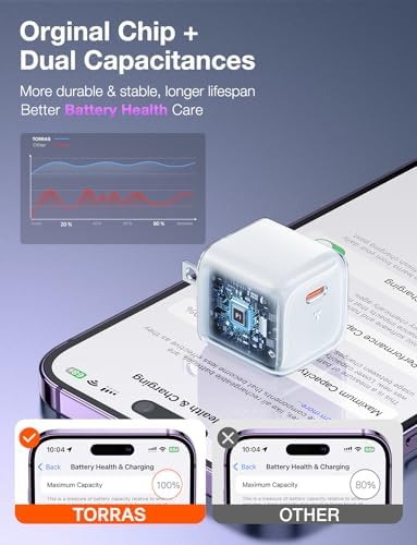 Ultra-Fast TORRAS Icenano 30 W USB-C Charger Block – PD 3.0 Compatible Wall Adapter with 5.5 ft Cable, Stylish Crystal Pink Design, Low-Temperature Operation for Safe Charging of i Phone 16/15 & Mag Safe – Perfect for Travel and Home Use