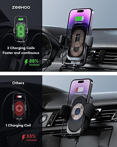 Elevate Your Road Experience with Zee Hoo’s Ice Cooling Wireless Car Charger – 15 W Dual Coils Fast Charging Mount for i Phone & Samsung – Secure Auto Clamp Design with Integrated Cooling Technology for Optimal Performance and Convenience