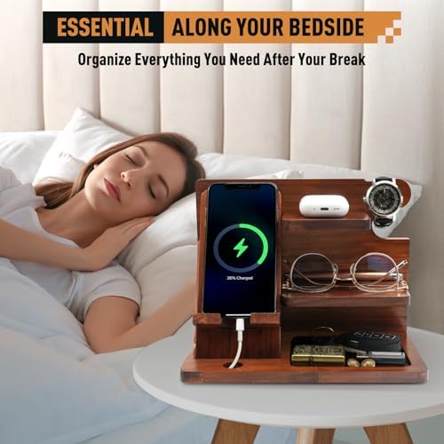 Wood Phone Docking Station for Men – Desk or Nightstand Organizer – Birthday Gifts for Husband, Dad – Anniversary Idea from Wife – Key Holder, Stand Wallet, Watch & Essentials – Enhanced Compatibility and Speed