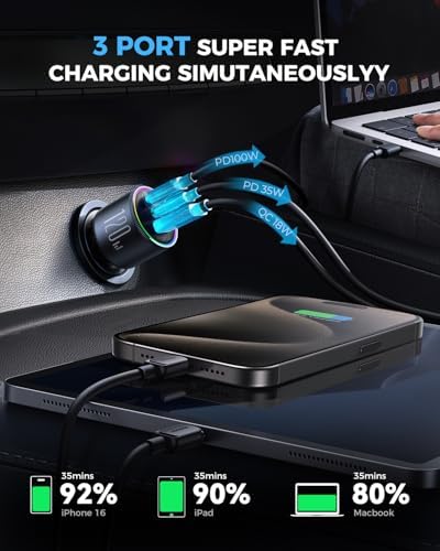 JOYROOM 120 W Ultra-Fast Car Charger with 3 Ports – PD100 W & PD35 W USB-C Fast Charging Adapter for i Phone 16, 15 Pro Max, Samsung Galaxy S25, S24, i Pads, and Laptops – Includes Premium USB-C Cable for Enhanced Compatibility and Safety on the Go