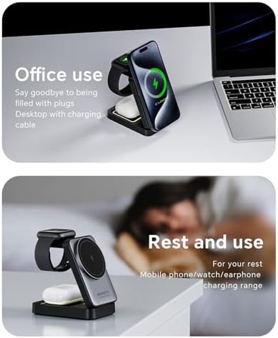 2025 Enhanced 3-in-1 Magnetic Wireless Charger: Foldable Nightlight Charging Station for i Phone, Apple Watch, and Air Pods – Ultimate Travel Companion with Mag Safe Compatibility and Rapid Charging Efficiency