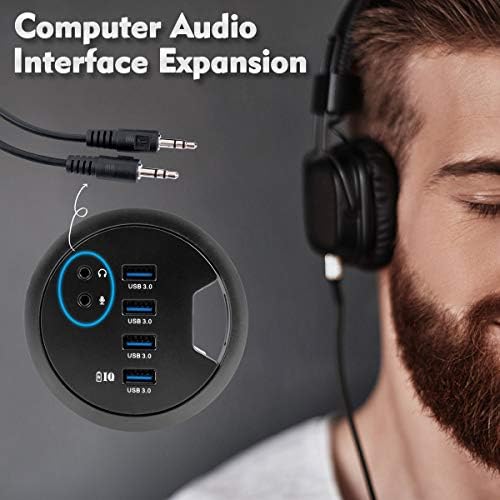 Streamline Your Workspace with the WDX Desk-Fit 4 Port USB 3.0 Hub – Compact 3.14″ Diameter Design with 5 Gbps Data Transfer, 3.5 mm Audio Mic Jack, and BC 1.2 USB Charger for i Phone & Smartphones – Ultimate Connectivity Solution for Professionals and Tech Enthusiasts