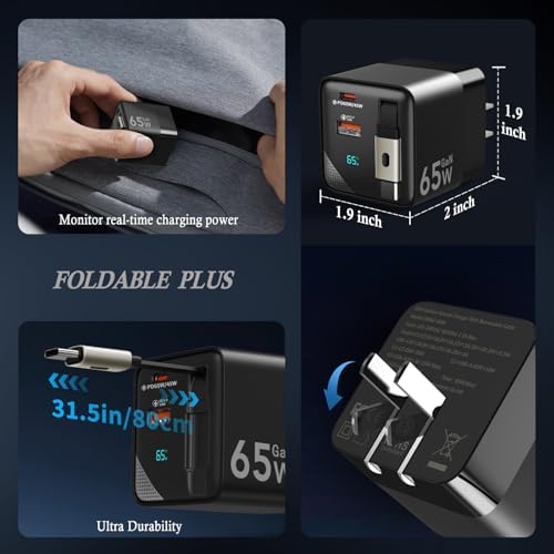 65 W Ga N Retractable USB-C Charger | Ultimate 3-in-1 Power Block for Mac Book Pro/Air, i Phone 16/15 & Galaxy Z Fold/Flip7 FE | Compact Travel Adapter with Dual Ports for Effortless Universal Compatibility | Optimal PD & PPS Charging for Maximum Efficiency