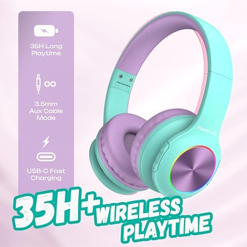 Vibrant Power Locus PLED Kids Bluetooth Headphones – Safe Volume Control (74/85/94 d B), Fun LED Lights, Hi-Fi Sound, Built-in Microphone & Multi-Connectivity for Travel, Learning & Play – Perfect Over-Ear Design for Children
