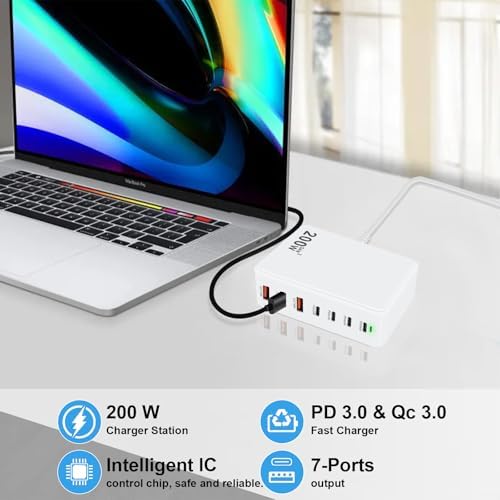 200 W Ga N 7-Port USB Fast Charger Hub – High-Speed Multi-Device Power Adapter for Mac Book, i Phone 15/16, DELL, and i Pads – Compact Charging Station with Smart Charging Technology for Enhanced Compatibility and Efficiency