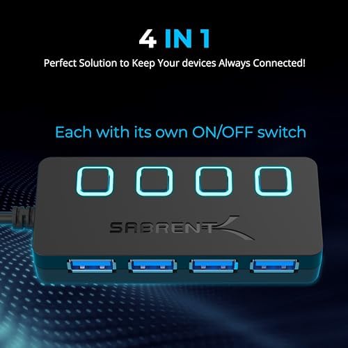 SABRENT 4-Port USB 3.0 Hub with Individual LED Power Switches – Ultimate Connectivity Solution for Home & Office with 5 V/2.5 A Adapter for Maximum Device Compatibility and Speed Enhancement