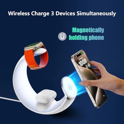 Ultimate 3-in-1 Magnetic Wireless Charging Station for Apple Devices – Fast Charge Your i Phone 16/15/14/13/12/11, Apple Watch Series & Air Pods 4 with RGB Night Light – Enhanced Safety & Intelligent Charging Technology – Artful Design for Home and Office Aesthetics