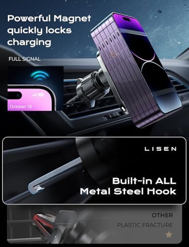 LISEN Mag Safe Car Mount Charger for i Phone 16 – 15 W Fast Wireless Charging Magnetic Phone Holder for Secure Vent Installation, Compatible with i Phone 16, 15 Pro Max & All Mag Safe Devices – Ultimate Hands-Free Convenience & Enhanced Driving Safety