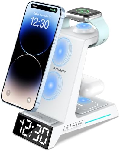 Revolutionize Your Charging Routine with the 4-in-1 Wireless Charging Station Featuring Alarm Clock – Ideal Dock for i Phone 16, 15, 14, 13, 12, 11, X, 8, Air Pods 3/Pro & Apple Watch Series 9-2 – Ultimate Speed & Compatibility for Modern Devices