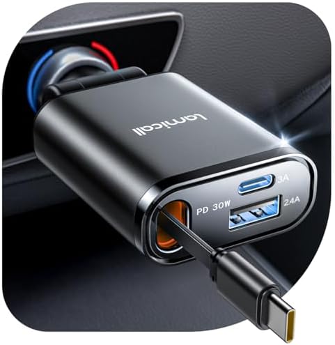 Ultra-Compact Lamicall Retractable Car Charger – 57 W USB-C Fast Charging for i Phone 16, Galaxy S25, Pixel Android | Space-Saving Design with Enhanced Compatibility & Safety Features for Quick On-the-Go Charging