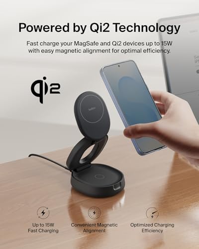 Elevate Your Charging Experience with the Belkin 2-in-1 Qi2 Wireless Charging Station – Fast 15 W Mag Safe Compatible Charger for i Phone 16, Apple Watch & Air Pods – Portable Phone Stand with 30 W Adapter – Sleek Black Design for Travel & Everyday Use – Ultimate Convenience & Speed