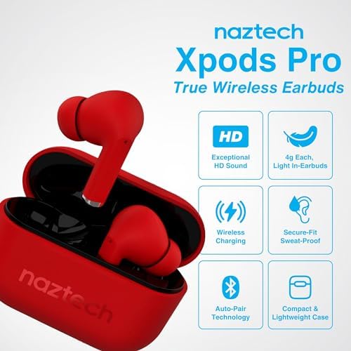 Naztech Xpods PRO True Wireless Earbuds – Advanced Noise Cancelling Sports Earbuds with Touch Control, IPX4 Waterproof Design, High-Definition Sound, Secure Fit for Active Lifestyles, Wireless Charging Case Included – Red Edition for Enhanced Mobility and Performance
