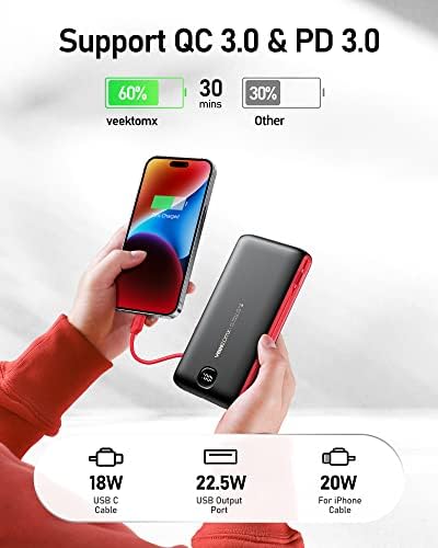 VEEKTOMX 20,000 m Ah Portable Charger with Built-in Cables and AC Wall Plug – Fast Charging Power Bank for i Phone 15/14/13 & Samsung Devices, Slim Battery Pack with LED Display for Ultimate Compatibility and On-the-Go Convenience