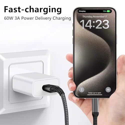 Awnuwuy 60 W USB C to USB C Charger Cable 15 ft – Fast Charging & Data Transfer for i Phone 15, Samsung Galaxy S23, Pixel 7, Mac Book – 2 Pack of Durable, High-Performance Type-C Cords for Ultimate Versatility and Connectivity