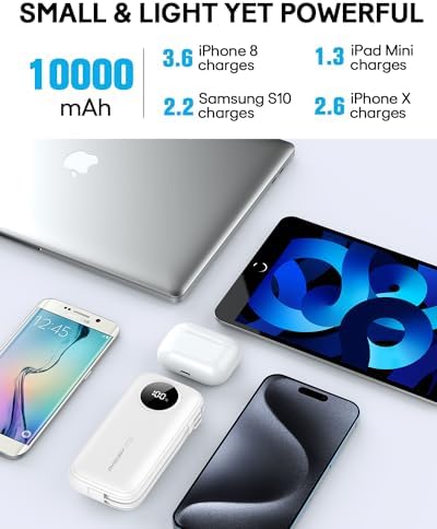 Ayeway Ultra-Compact 10,000 m Ah Portable Power Bank with Integrated Charging Cable – Fast USB C Battery Pack for i Phone, Samsung, and 5 V Heated Vests – Lightweight, Multi-Device Charging Solution for On-the-Go Connectivity
