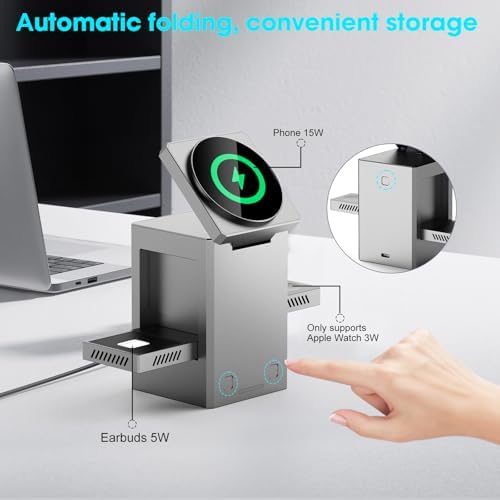 Advanced 25 W 3-in-1 Wireless Charging Station for Apple Devices – Space-Saving Auto Expand/Collapse Mag-Safe Stand for i Phone 16/15/14 Series, Apple Watch, and Air Pods – Compact Travel Charger Dock in Metal Gray with Enhanced Safety Features and Fast Magnetic Charging