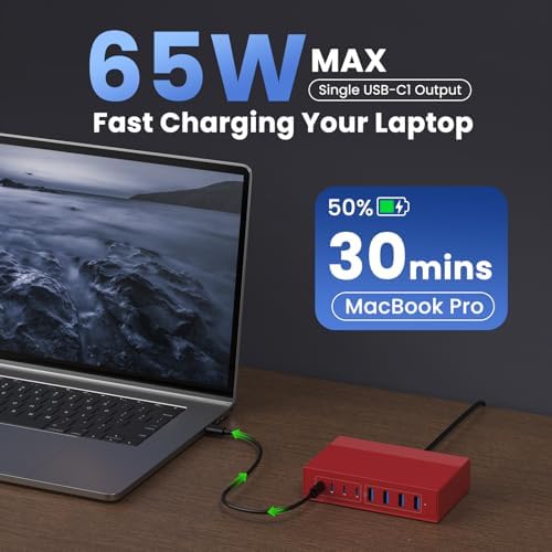 Revolutionize Your Charging Experience: 200 W Ga N III USB C Travel Charger Hub – 8-in-1 Multi-Device Fast Charging Station for Mac Book Pro, Dell XPS, i Phone 16/15/14 & Galaxy S24 – Compact, Lightweight Design with PD 65 W Power Delivery & Enhanced Compatibility – Stylish Purple Finish for Tech Enthusiasts