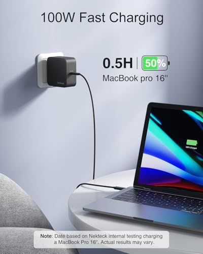 Nekteck 100 W Ga N IV USB-C Charger & 6.6 Ft Cable – Ultra-Fast Power Delivery Solution for Mac Book Pro/Air, i Pad Pro & All USB-C Devices – Compact, Foldable Design with Enhanced Safety Features & 90% Charging Efficiency