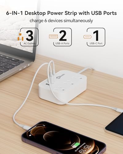 Compact PD 20 W USB C Travel Power Strip with Flat Plug Design, 3 AC Outlets & 3 USB Ports for Rapid Charging – Ideal Cruise Ship Essential & Versatile Charging Station for i Pad Pro, i Phone, Samsung Devices – 3 FT Short Extension Cord for Convenient Use