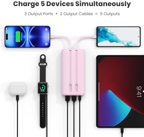 Ultra-High Capacity 40800 m Ah Portable Charger with Built-In Cables – 25 W PD USB C Fast Charging Power Bank – 5 Outputs & Dual Input for i Phone 16/15/14/13 & Samsung S23 – Stylish Pink Design for On-the-Go Charging Solutions
