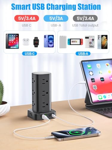 Ultimate Tower Power Strip Surge Protector – 12 AC Outlets & 4 High-Speed USB Ports (2 USB-C) with 6 FT Flexible Extension Cord – Versatile Charging Station for Home, Office, Dorm & Travel (Black) – Unmatched Safety & Space-Saving Design