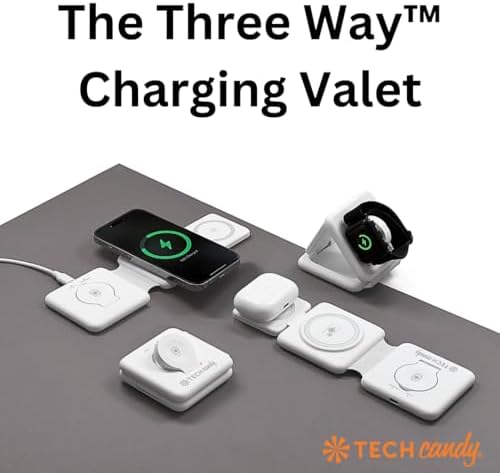 Tech Candy Three Way Charging Valet – Wireless Charging Pad for 3 Devices, Compact & Foldable 20 W Fast Qi Charger for Phones, Earbuds & Smartwatches – Travel-Friendly Multi-Device Power Hub with Universal Compatibility & Sleek Design