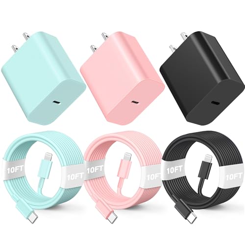 10 FT Lightning Cable 3-Pack – Premium Fast Charging Cord for i Phone 14/13/12/11/Xs Max/XR/X & Air Pods Pro – 20 W High-Speed Durable Charger in Pink, Green, Black – Ultimate Compatibility and Convenience for Everyday Use