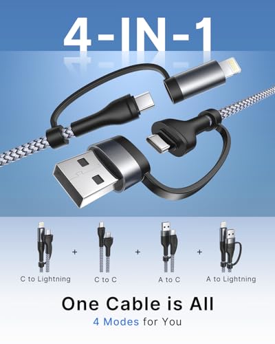 Universal 4-in-1 Multi-Device Charging Cable [2-Pack, 6.6 FT] – 60 W Fast Charging Nylon Braided Lightning & USB-C Cords for i Phone, i Pad, Samsung Galaxy, Mac Book & More – Durable & Tangle-Free Solution for Efficient Powering