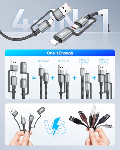 Versatile SUNGUY 4 in 1 Charging Cable – 3 FT Dual Pack with 60 W High-Speed Multi-Device Charging for USB-C, USB-A, and Lightning Compatible Devices Including i Phone 16/15/14 Pro, i Pad, Mac Book, and Samsung Galaxy S25/S24 – Durable, Efficient, and Perfect for Home or On-the-Go Use
