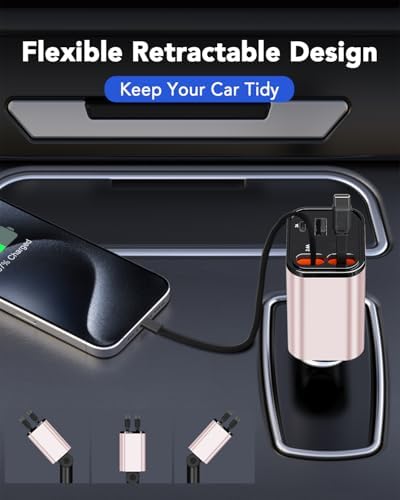 Ultimate 3-in-1 Retractable Car Charger – 50 W Fast Charging Solution with Type C Cable & USB Port for i Phone 16/15/14/13/12/11, Galaxy & Pixel Devices – Tangle-Free Convenience for On-the-Go Power Management