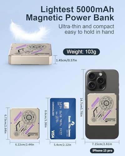 MOXNICE 5000 m Ah Magnetic Power Bank for Mag Safe – Ultra-Fast Charging Portable Battery Pack with 20 W USB-C Output, Sleek Titanium Design Compatible with i Phone 15, 14, 13, 12 – Effortless Wireless Charging for Active Lifestyles