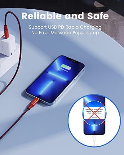 16 Ft Extra Long i Phone Charger Cable – 2-Pack MFi Certified Fast Charging USB-C to Lightning Cords with Durable Nylon Braided Design for i Phone 14/14 Pro/14 Pro Max/13/12, i Pad & Air Pods – Unmatched Flexibility & Reliability in Red