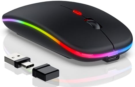 Sleek LED Bluetooth Wireless Mouse for Mac & PC – Rechargeable, RGB Light-Up Design with Dual Connectivity (BT5.2 + 2.4 G USB) – Slim, Portable Mouse with Jiggler Function for Work & Play – Enhanced Performance & Style in White