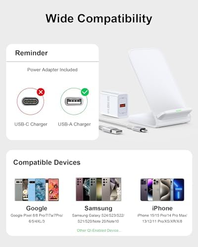 15 W Fast Wireless Charging Stand for Android & Apple Devices – Compatible with Google Pixel 9 Pro, Samsung Galaxy S24, and i Phone 16 – Sleek QI Charger with Power Adapter Included for Effortless Charging Experience