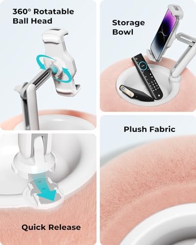 Viozon 360° Adjustable Tablet Stand Pillow in Pink – Plush Fabric Holder for 4.7″-13″ Devices, Perfect for i Pad, i Phone, Samsung, Google, and Kindle – Versatile Bedside Companion with Detachable Snack Bowl for Ultimate Comfort and Convenience