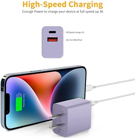 Dual Port USB C Fast Charging Block for Watch SE & i Phone 14 Pro Max – 2023 Upgrade with Elegant Purple Design | Simultaneously Charge Smartwatches and Smartphones | Compact & Durable Adapter for On-the-Go Efficiency