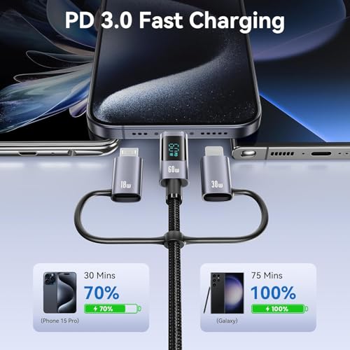 Multi Charger Cord 6 in 1 USB Cable Fast Charging Cable – PD 60w USB c Multi Fast Charging Cable with Led Display – 6 ft USB C/A to Type C/Phone/Micro Charger Cable Com patible with Phone/Laptops – Enhanced Compatibility and Speed