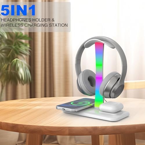 Multifunctional 5 in 1 Headphone Stand & 15 W Fast Wireless Charging Station – Sleek Organizer for i Phone 15/14/13/12/11/XS/XR/X & Air Pods 3/2/Pro/2 – Optimal Desk Solution for Gamers and Professionals – Durable, Clutter-Free Design in Elegant White