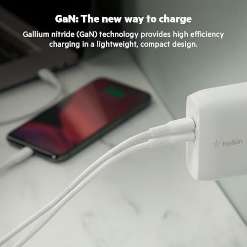 Belkin 68 W Dual Port USB-C Charger Block – Ga N Fast Charger for i Phone 16, Samsung Galaxy S25, Mac Book Pro & More – Superior Power Delivery, Compact Design & Enhanced Safety Features for On-the-Go Charging Efficiency