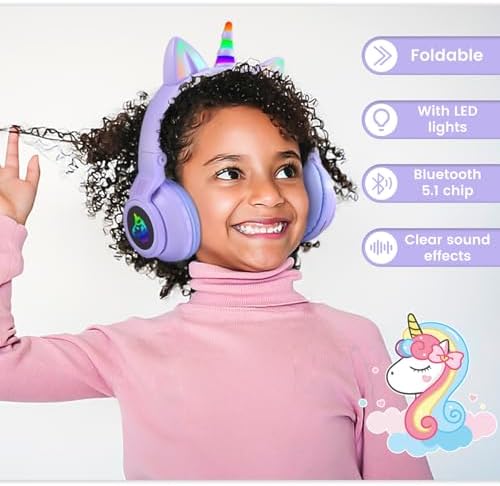 Magical Pink Unicorn Wireless Headphones for Kids – Foldable Over-Ear Design with Built-In Microphone, Volume Limiting for Hearing Safety & Universal Compatibility – Ideal Gift for Unicorn Enthusiasts on Birthdays or Holidays