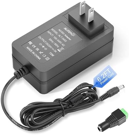 Reliable 24 V 3 A AC Adapter for LED Strip Lights & CCTV Systems – 72 W Power Supply with 6.2 FT Cord – Universal Transformer with 5.5 x 2.1 mm Connector and Advanced Safety Features for Enhanced Device Performance and Durability