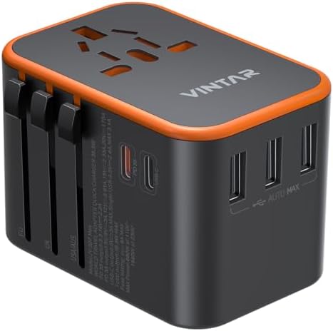 VINTAR Universal Travel Adapter: All-in-One Power Converter with 6 A Output, 3 USB-C and 2 USB Ports for Fast Global Charging Across Europe, UK, USA, and Australia – Essential Travel Accessory for Effortless Device Connectivity and Safety Features